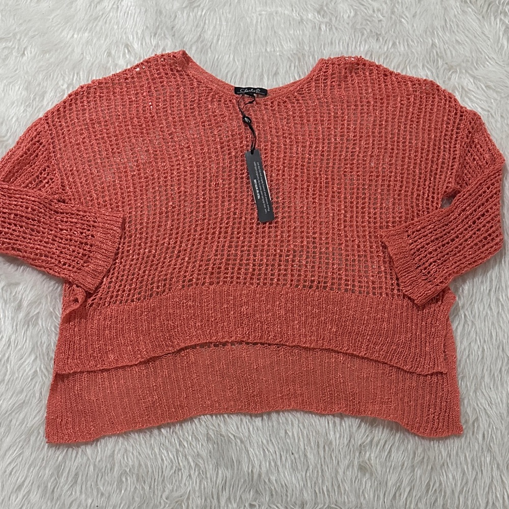 CHARLIE B Textured Coral Crew Neck Sweater